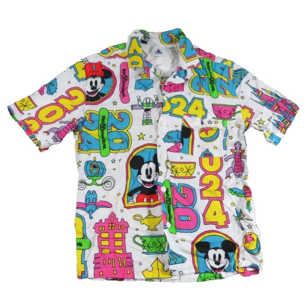 Disney Park 2024 Mickey Mouse Neon All Over Print AOP Woven Button Up Shirt Men